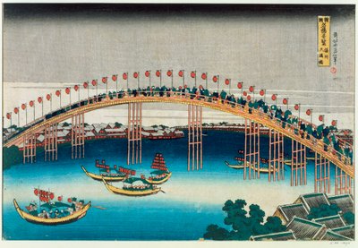 Prozession über eine Brücke von Katsushika Hokusai