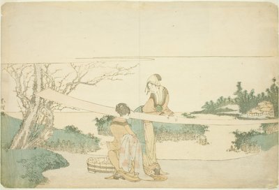 Zwei Frauen, die Stoff dehnen von Katsushika Hokusai