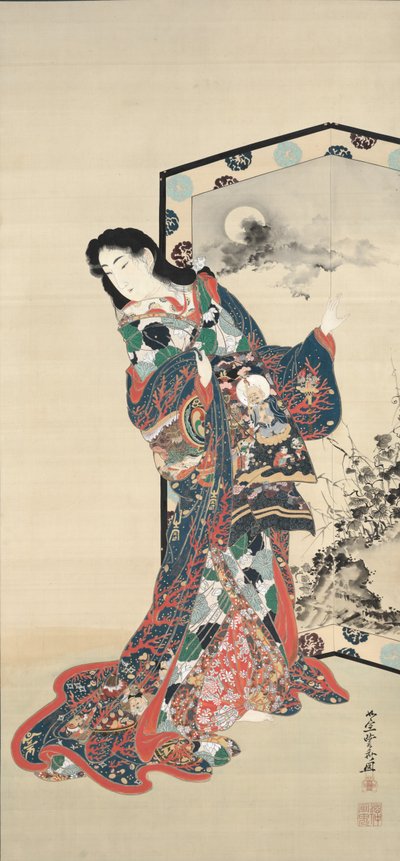 Schönheit vor einem Bildschirm, 1800er von Kawanabe Kyosai