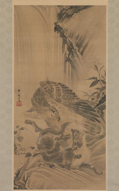 Adler greift einen Berglöwen an, 1885 von Kawanabe Kyosai