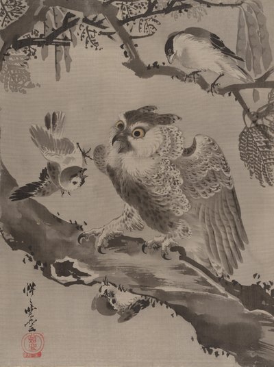 Eule von kleinen Vögeln verspottet von Kawanabe Kyosai