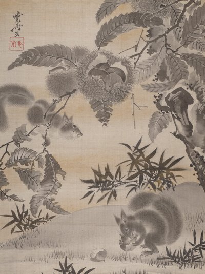 Eichhörnchen sammeln Kastanien (ca. 1887) von Kawanabe Kyosai