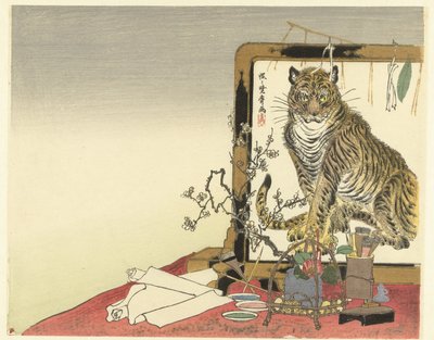 Stillleben mit Malutensilien und Paravent von Kawanabe Kyosai