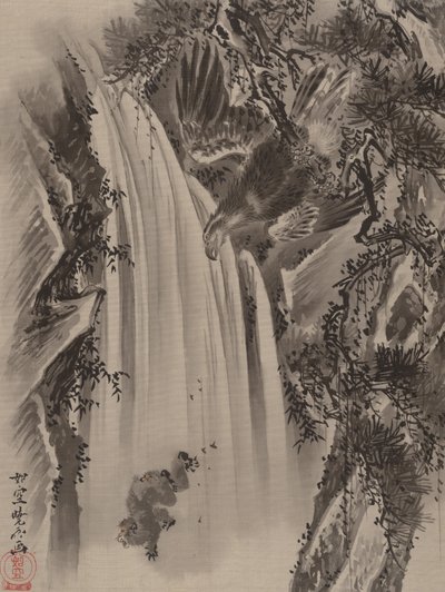 Wasserfall, Adler und Affe, ca. 1887 von Kawanabe Kyosai
