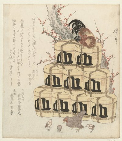 Hahn auf einem Stapel Sake-Fässer von Keisai Eisen