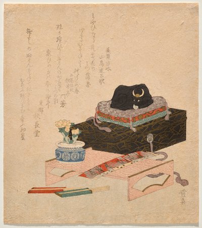 Stillleben mit einer Keramik-Streichel-Ochse (Nadeushi) von Keisai Eisen