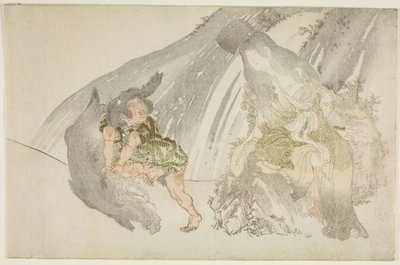 Yamauba beobachtet Kintaro beim Ringen mit einem Eber von Kubo Shunman