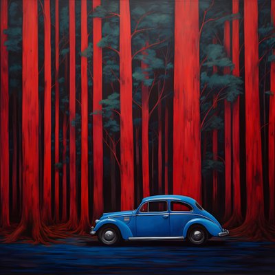 Blaues Auto in einem roten Wald von Kurt Heppke