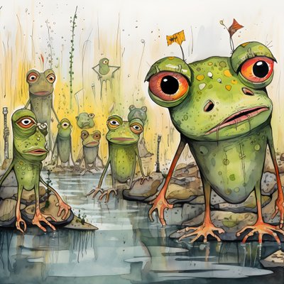 ganzseitige Aquarell- und Tuschemalerei von Fröschen von Kurt Heppke