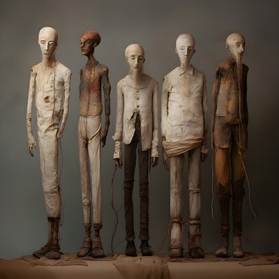 Vier nebeneinander stehende Tonfiguren von Männern 4 von Kurt Heppke