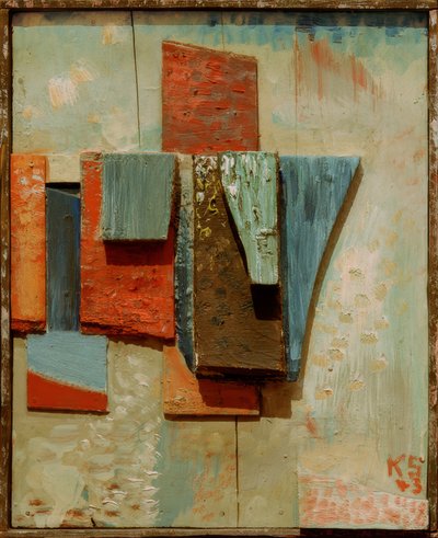 Bunte Holzkonstruktion von Kurt Schwitters