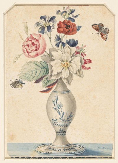 Vase mit Blumen und einem graugelben Schmetterling von L.W. Garrison