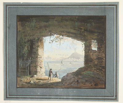 Aussicht von Ruine über Meeresbucht mit Vulkan von L. Chipart