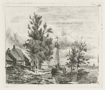 Flusslandschaft mit Segelschiff und Bauernhof von Lambertus  Hardenberg