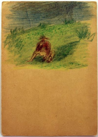 Ohne Titel (Auf Wiese sitzender Mann) von Laszlo Moholy Nagy