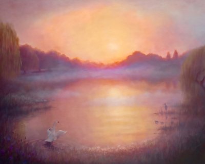 Nebliger Flussmorgen, 2023 von Lee Campbell