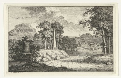 Hügelige Landschaft mit Obelisk entlang der Straße von Leendert Brasser