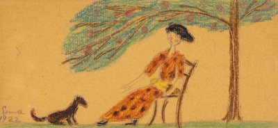 Frau und Hund unter Baum von Lenna Glackens