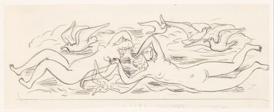 Zwei nackte schwimmende Frauen und fünf Möwen von Leo Gestel