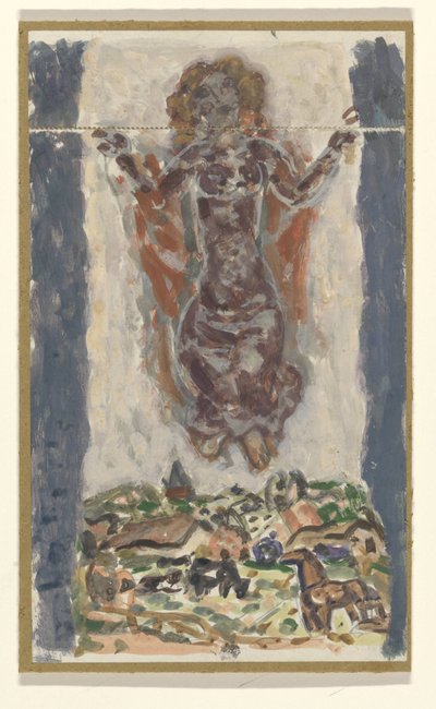 Frau mit ausgebreiteten Armen über einer Landschaft von Leo Gestel