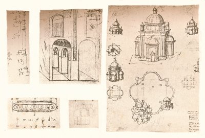 Fünf architektonische Zeichnungen, um 1472-1519, 1883 von Leonardo da Vinci