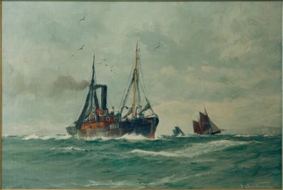 Fischdampfer und zwei Finkenwerder Ewer von Leonhard Sandrock