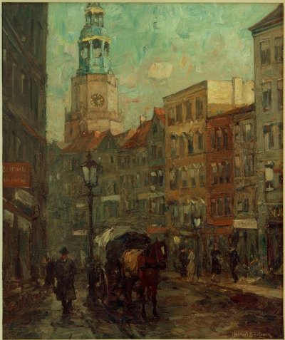 Straßenzug mit Pferdedroschke, Kirchturm im Hintergrund von Leonhard Sandrock