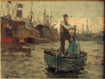 Zwei Männer in einem Segelboot beim Wriggen von Leonhard Sandrock