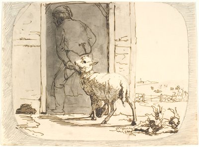 Ein Lamm wird in den Stall geführt von Lorenz Frølich