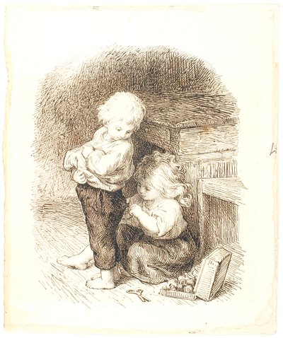 Kleines Mädchen repariert die Hose eines Jungen von Lorenz Frølich