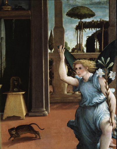 Die Verkündigung, Detail des Engels von Lorenzo Lotto