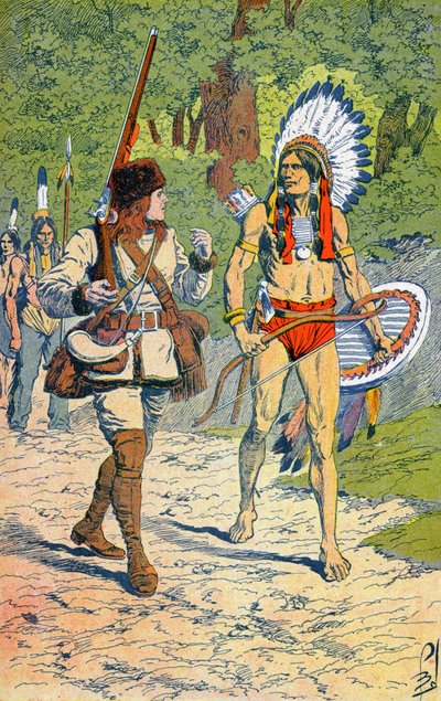 Französische Fallensteller mit Indianern in Amerika von Louis Charles Bombled
