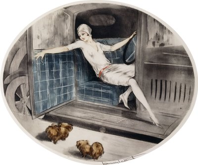 Frau in einem Auto mit zwei Pekinesen von Louis Icart