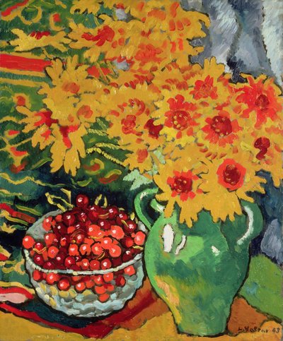 Gelbe Blumen und eine Schale Kirschen von Louis Valtat