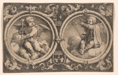Zwei Cupidos auf Wolken sitzend von Lucas van Leyden