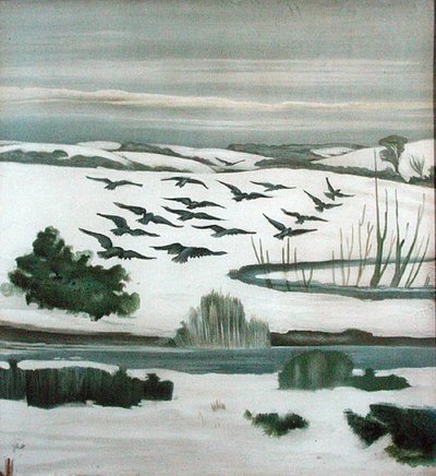 Saatkrähen, die über eine Winterlandschaft fliegen von Madeline Wyndham