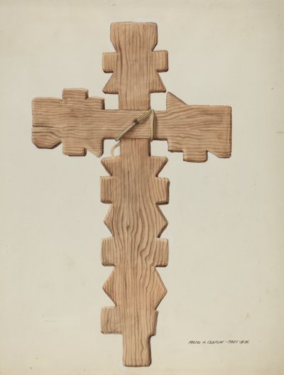 Penitente-Kreuz, geschnitztes Holz, ca. 1937 von Majel G. Claflin