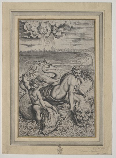 Liebe und Amor von Delfinen getragen, 1500er von Marco Dente