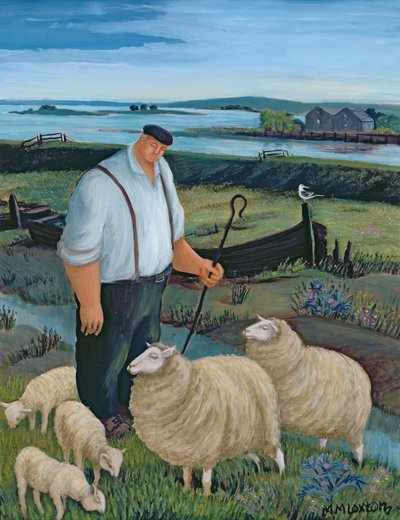 Hirte mit Schafen in Flusslandschaft von Margaret Loxton