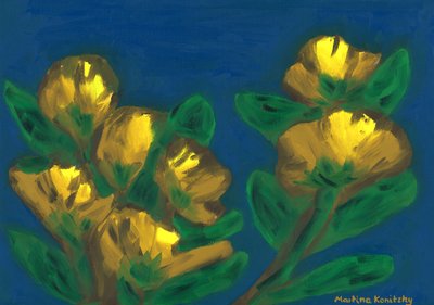 Gelbe Rosen Abendhimmel Komposition Braun Gelb Blau von Martina Konitzky