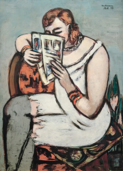 Frau in weißem Hemd (lesend) von Max Beckmann