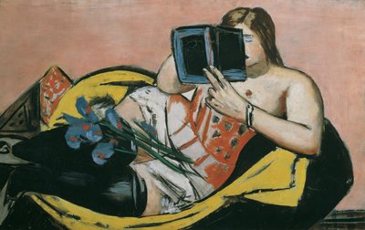 Liegende Frau mit Buch und Schwertlilien von Max Beckmann