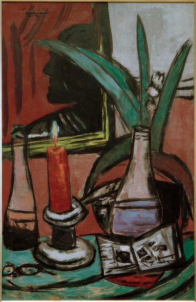 Selbstbildnis im großen Spiegel mit Kerze von Max Beckmann