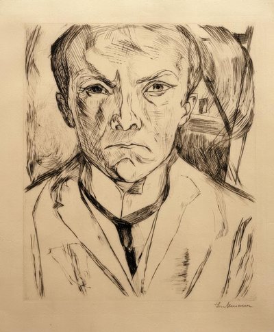 Selbstbildnis von vorn, im Hintergrund Hausgiebel von Max Beckmann