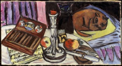 Stilleben mit silbernem Leuchter (Stilleben mit Katzen) von Max Beckmann