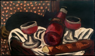 Stillleben mit Weingläsern und Katze von Max Beckmann