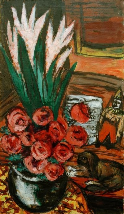 Stillleben mit roten Rosen und Butchy von Max Beckmann