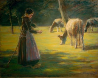 Spinnende Kuhhirtin auf der Weide – Im Sonnenschein von Max Liebermann