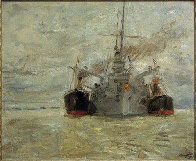Kriegsschiff beim Kohlebunkern im Hamburger Hafen von Max Slevogt
