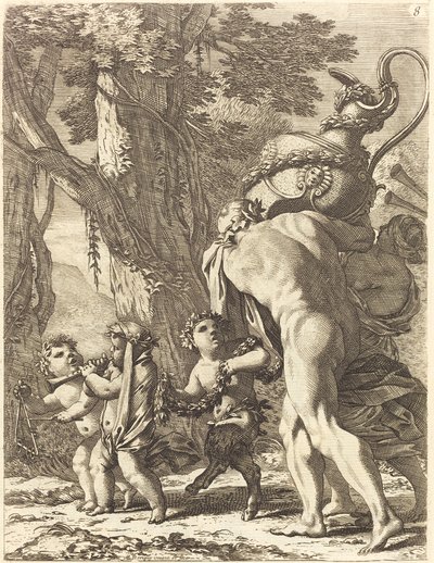 Bacchanal mit Figuren, die eine Vase tragen von Michel Dorigny